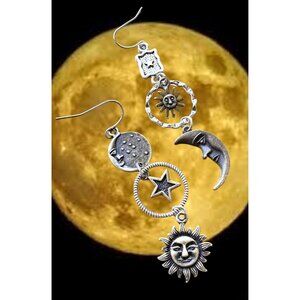 Celestial Star Moon Sun Earrings Dangle Hooks Astrology Eclectic Mismatched New